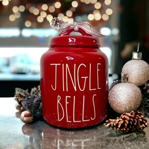 Rae Dunn Holiday Christmas Jingle Bells Cookie Jar Red Ceramic Canister New